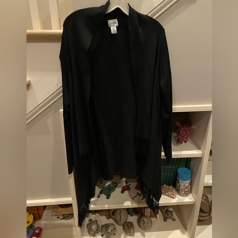 Black Chico’s open jacket with fringe detail.  Size M/L with size 3 tank